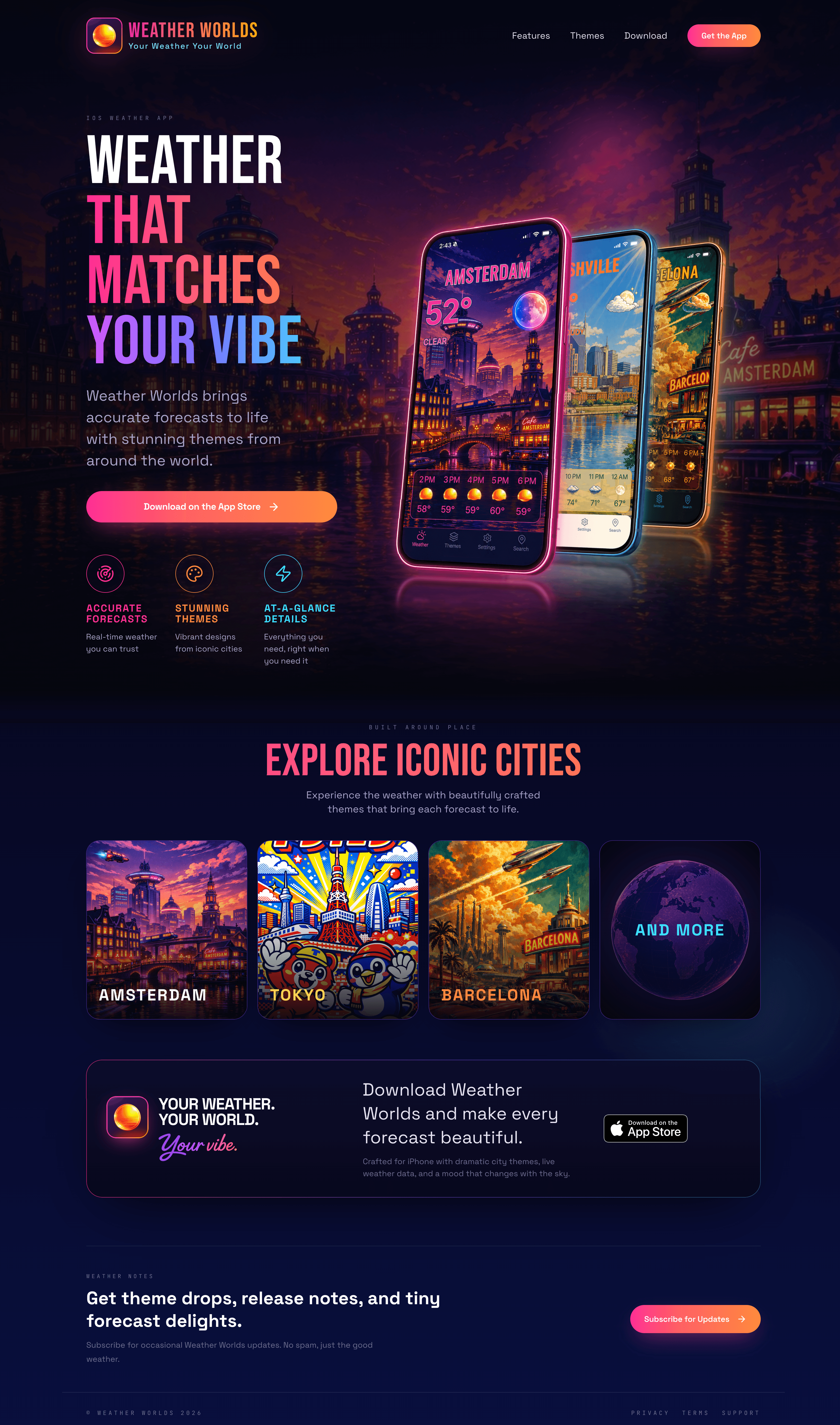 Weather Worlds launch page showing a vivid weather app world.